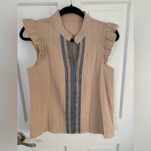 SHEIN Beige Ruffle Sleeve Blouse with Blue Trim